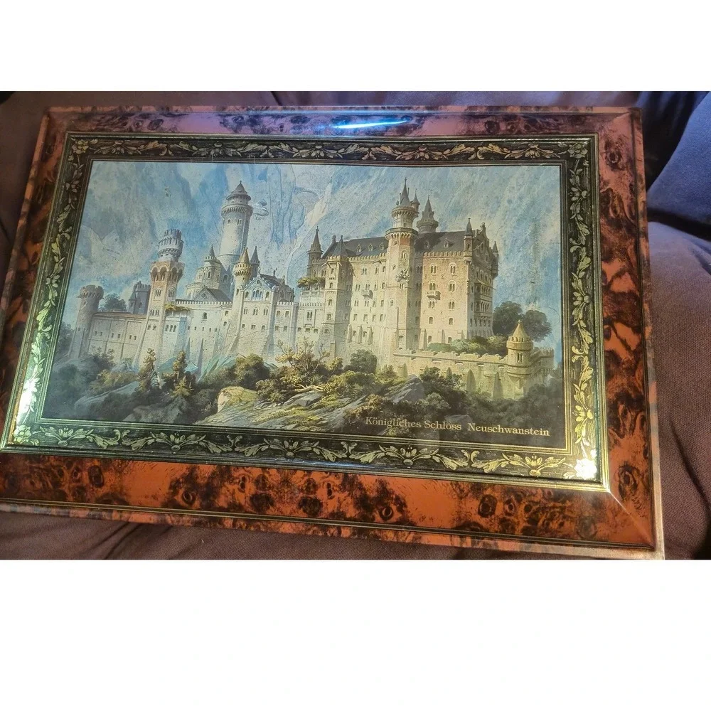 Vintage Neuschwanstein Castle Large‎ Metal Tin Box Germany Gothic Faux Burl 14in